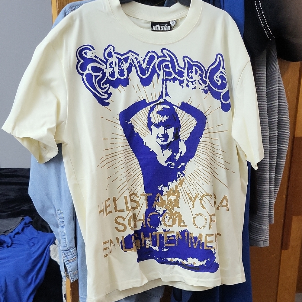 Cream and Blue Hellstar  Graphic T-Shirt